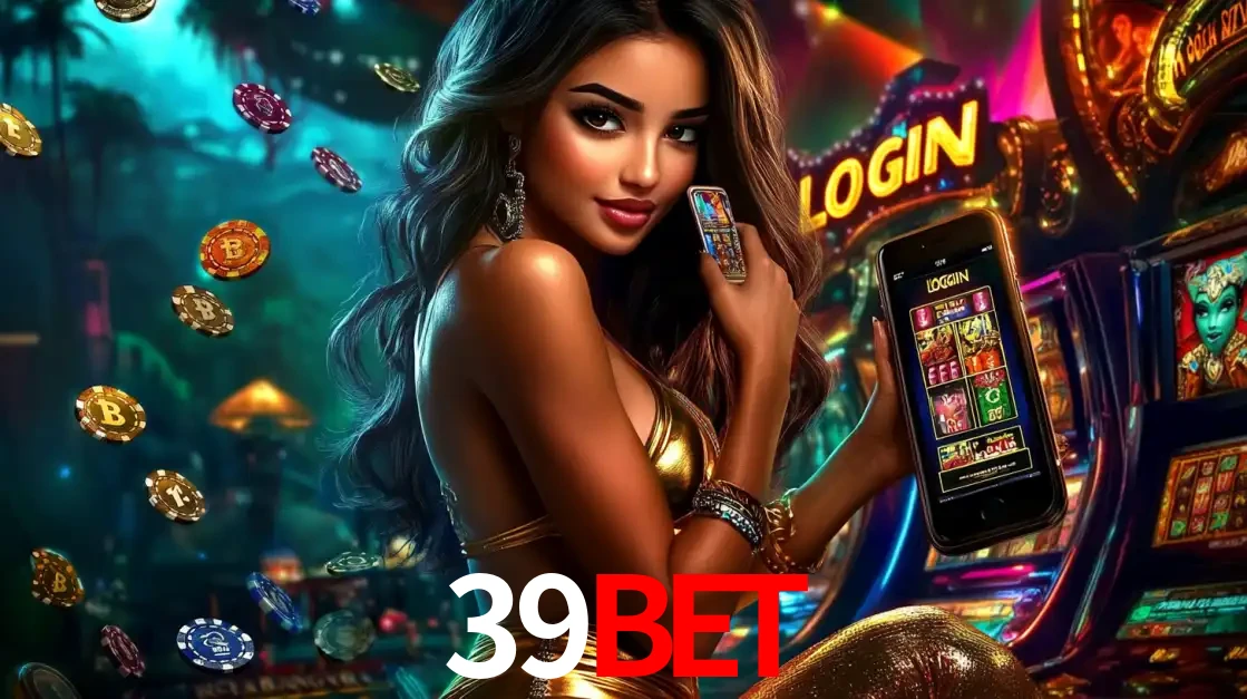 Mulher em um cenário de cassino temático de aventura, mostrando o app de caça-níqueis da 39bet no celular. Fichas de apostas flutuam ao redor.