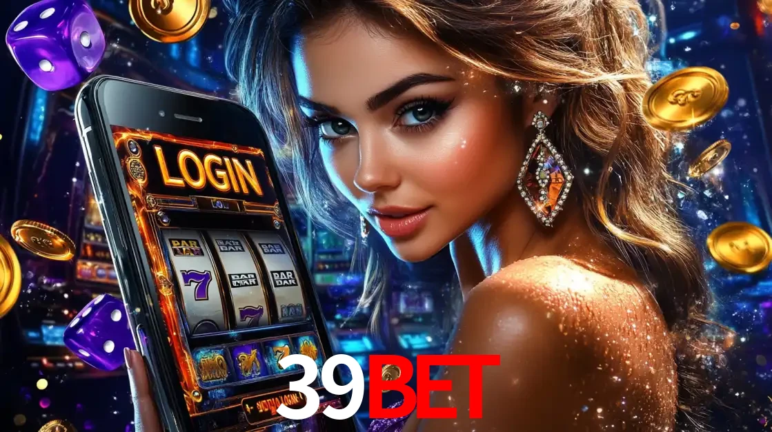 Mulher glamorosa segurando um smartphone com a tela de login para os jogos de caça-níqueis do cassino online 39bet, com moedas de ouro e dados ao redor.